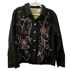 Vintage Jean Jacket White Stag Black Neon Embroidered Pockets Size L 12 14
